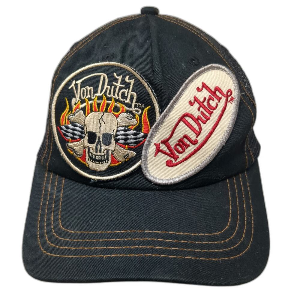 Von Dutch Trucker Hat Black One Size Skull Flames Mesh Snapback Contrast Stitch